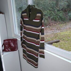 Mod Striped Green Earthtones Knit Cowl Neck Long Sleeve Midi Dress Sz L